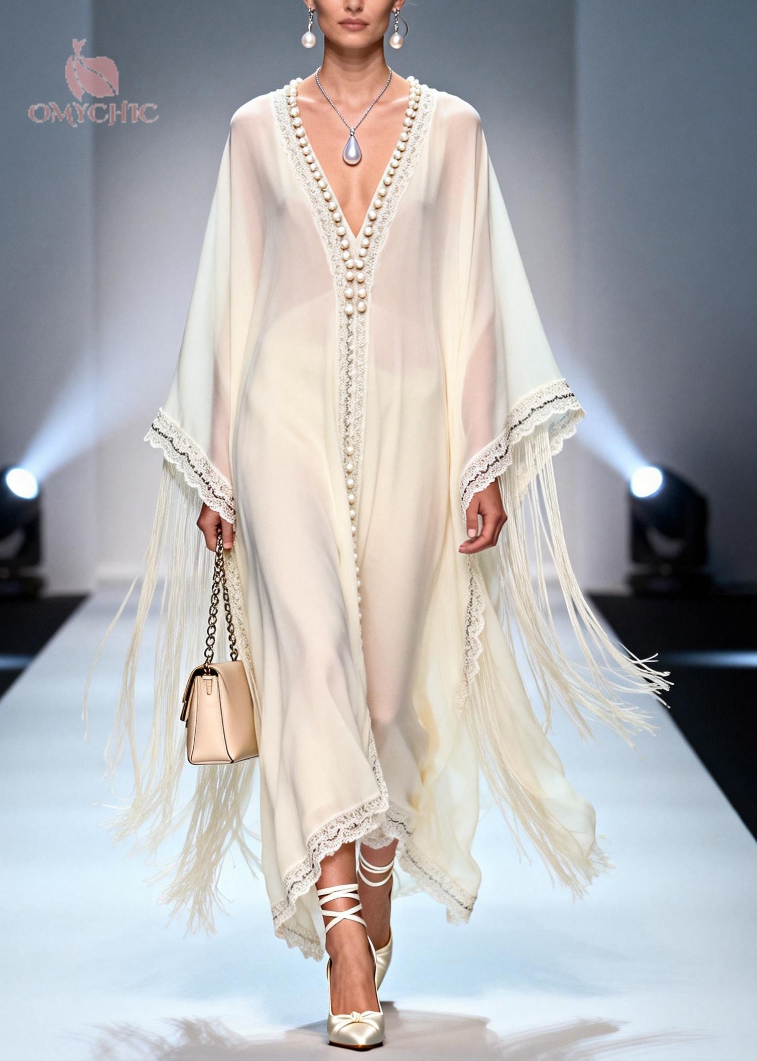 Deep V-Neck Batwing Sleeve Pearl Trim Tassel Chiffon Kaftan Dress