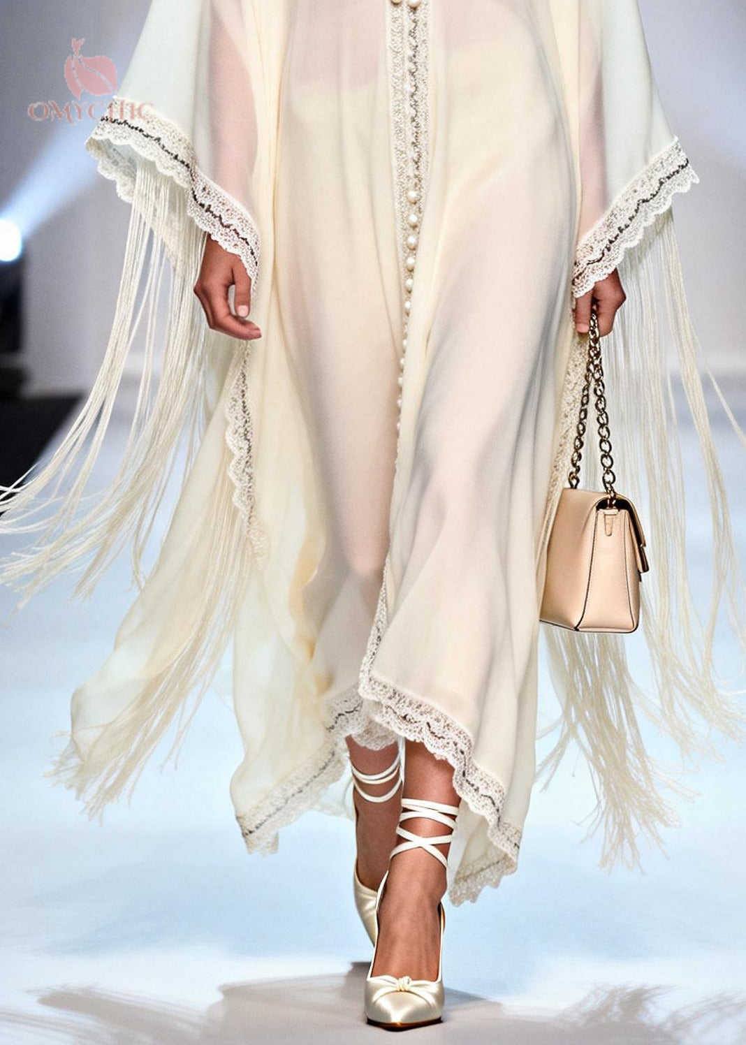 Deep V-Neck Batwing Sleeve Pearl Trim Tassel Chiffon Kaftan Dress