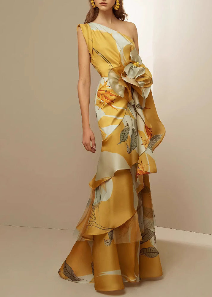 One Shoulder Leaf Print Floral Applique Tiered Sheer Maxi Gown