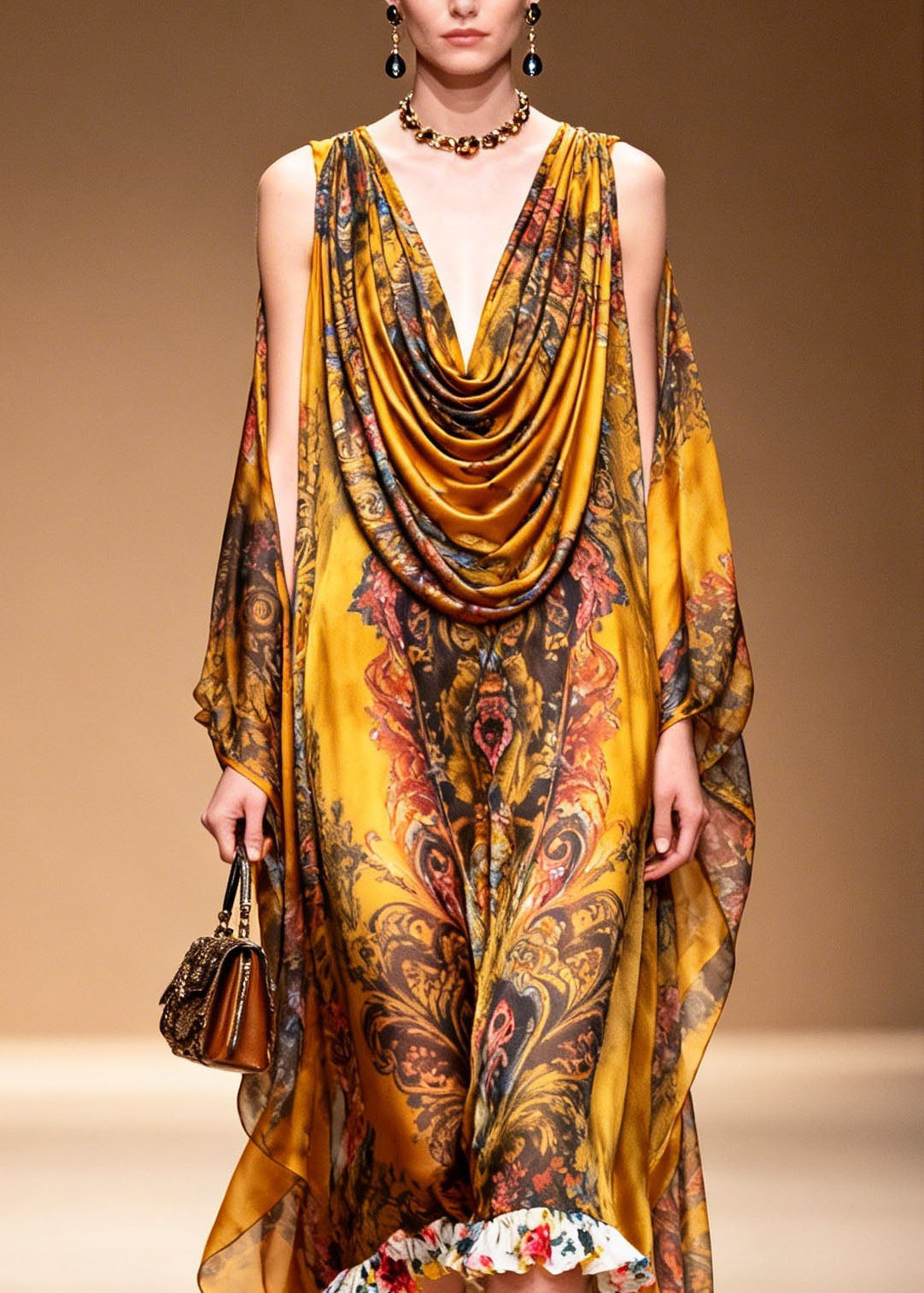 Stylish Yellow Cold Shoulder Print Chiffon Maxi Dresses Summer 2