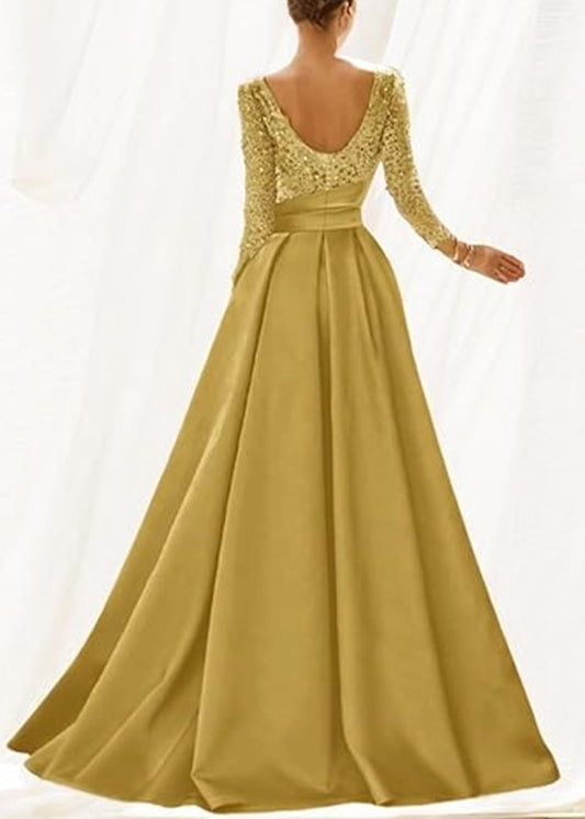 Sequin Boat Neck Long Sleeve Sash Waist High Split A-Line Maxi Gown