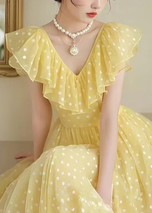 Stylish Yellow V Neck Ruffled Print Chiffon Long Dress Summer 3