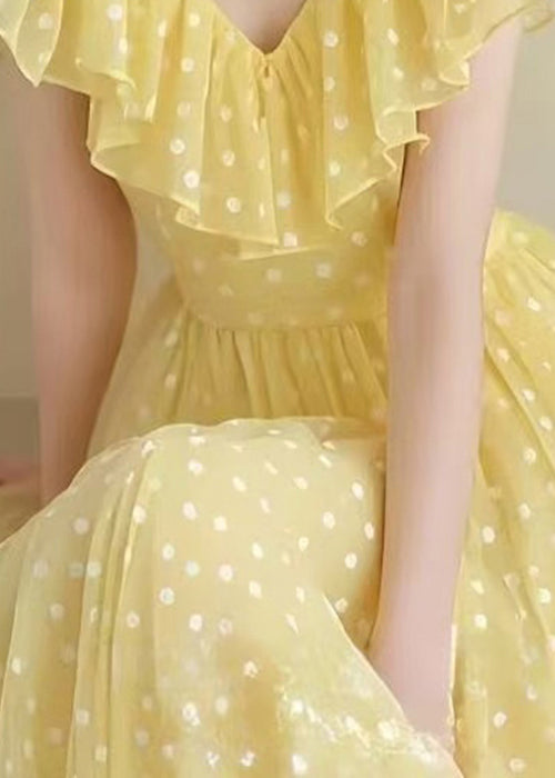 Stylish Yellow V Neck Ruffled Print Chiffon Long Dress Summer 4
