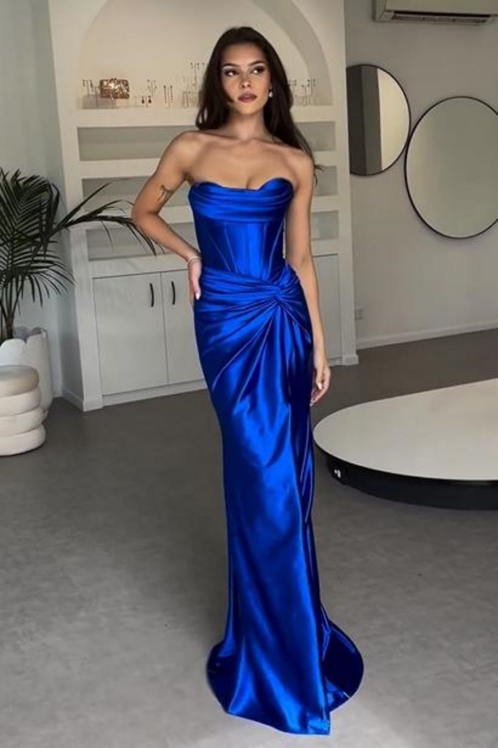 Stylish Mermaid Strapless Lace Up Long Satin Prom Dress With Split