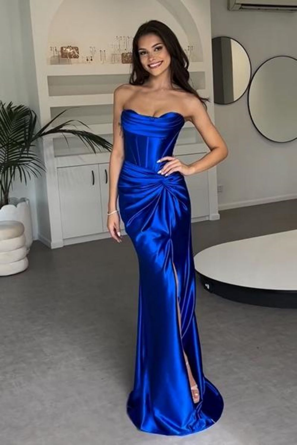 Stylish Mermaid Strapless Lace Up Long Satin Prom Dress With Split