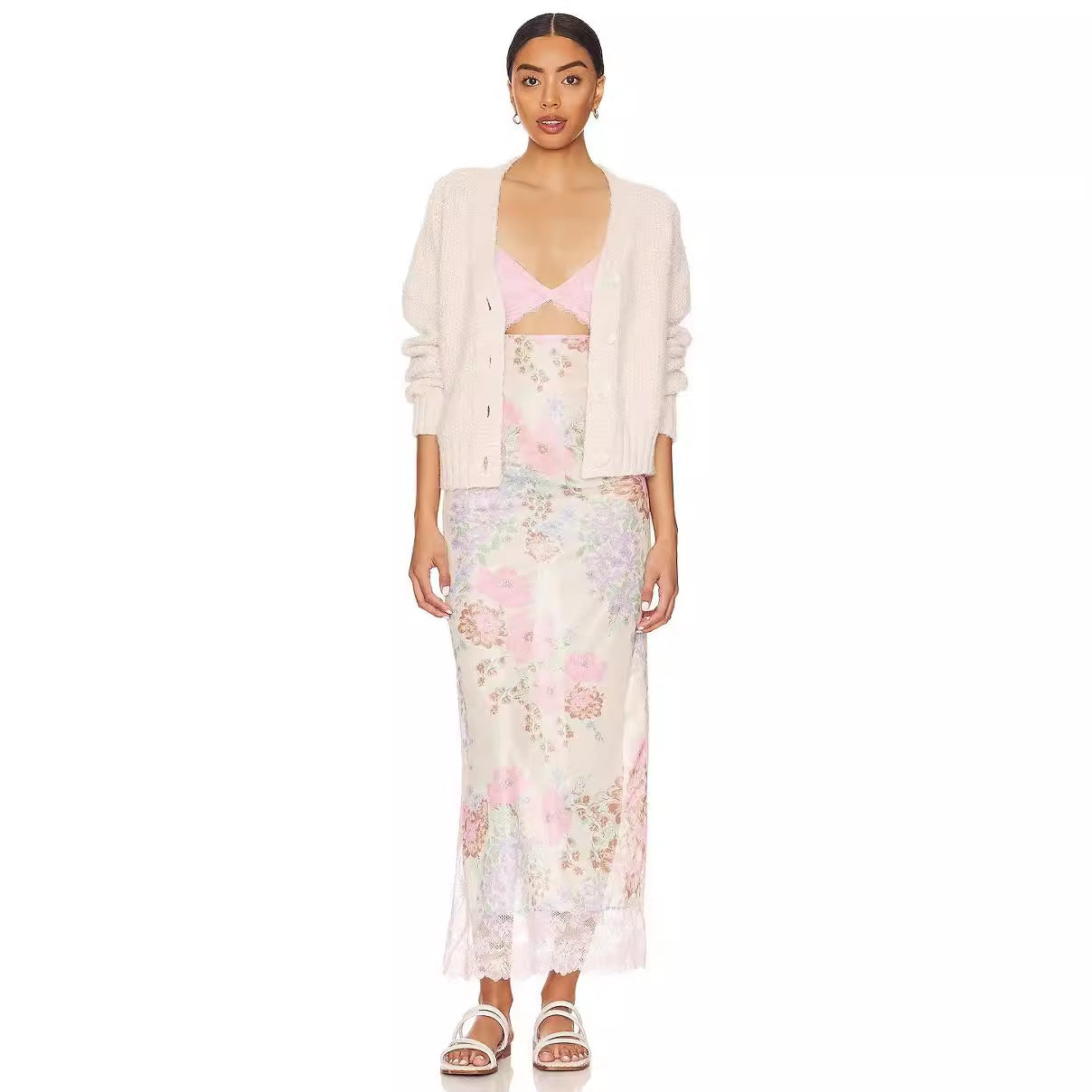 Floral Lace Trim Cut Out Slip Midi Dress 4