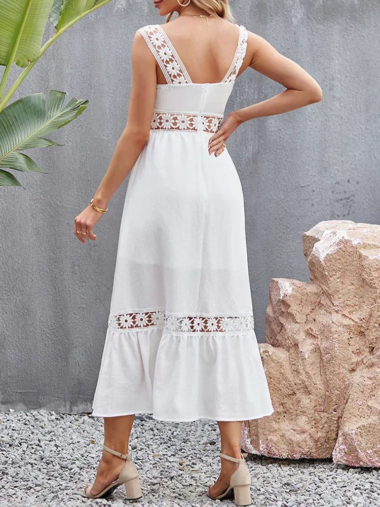 Square Neck Crochet Lace Trim Tiered Boho Maxi Dress