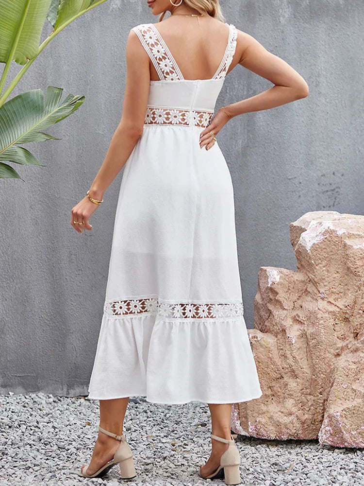 Square Neck Crochet Lace Trim Tiered Boho Maxi Dress - View 6