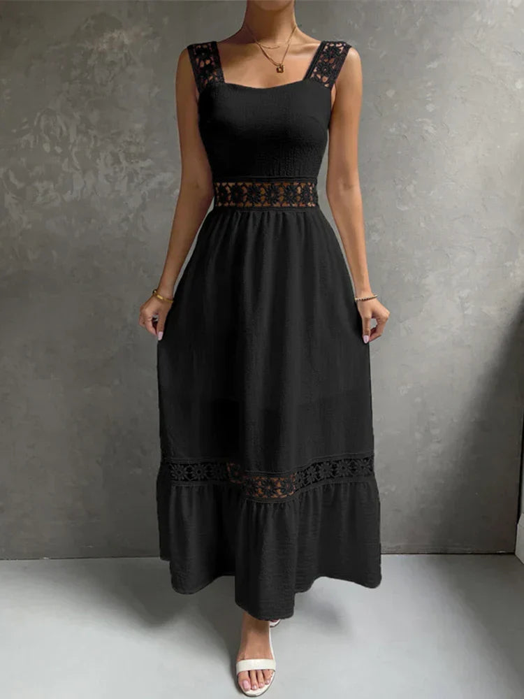 Square Neck Crochet Lace Trim Tiered Boho Maxi Dress - View 7