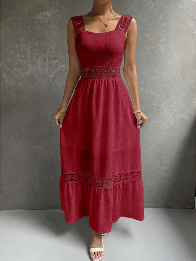 Square Neck Crochet Lace Trim Tiered Boho Maxi Dress - View 13