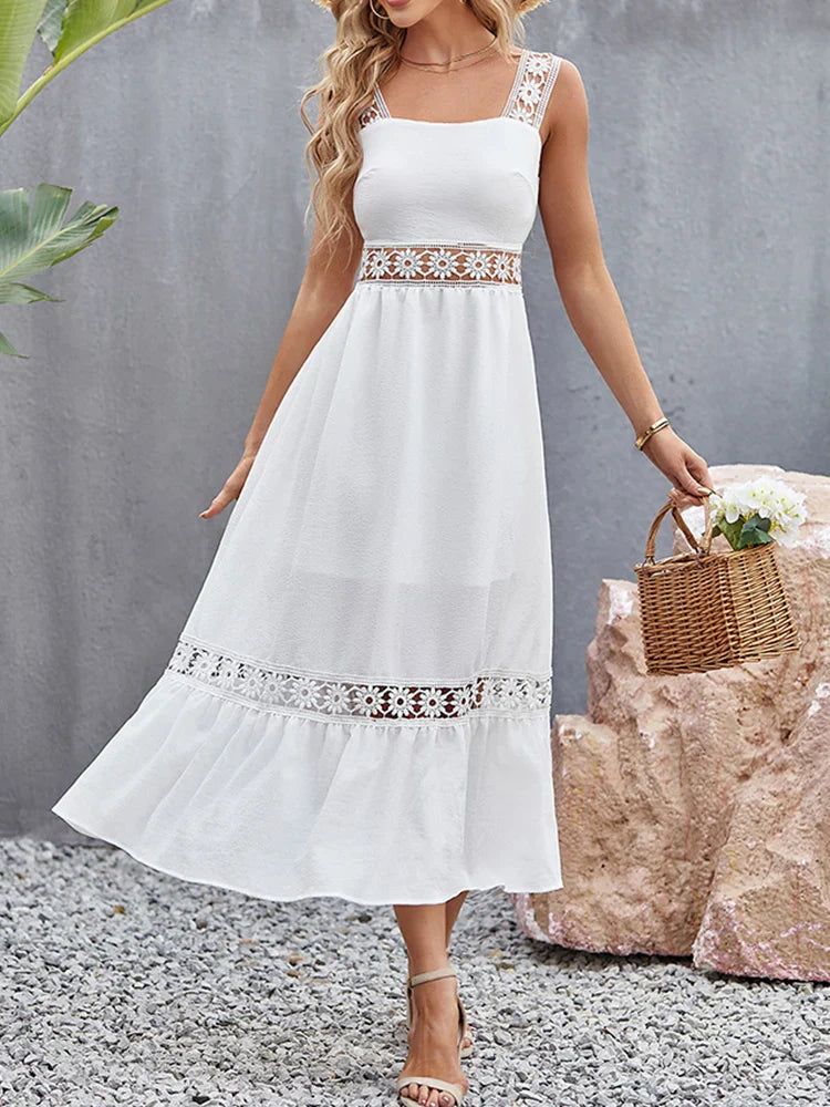 Square Neck Crochet Lace Trim Tiered Boho Maxi Dress