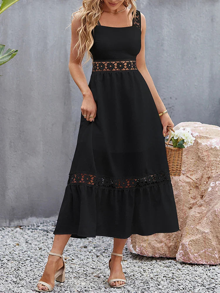 Square Neck Crochet Lace Trim Tiered Boho Maxi Dress