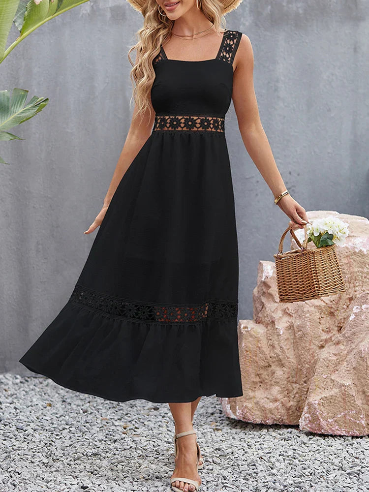 Square Neck Crochet Lace Trim Tiered Boho Maxi Dress