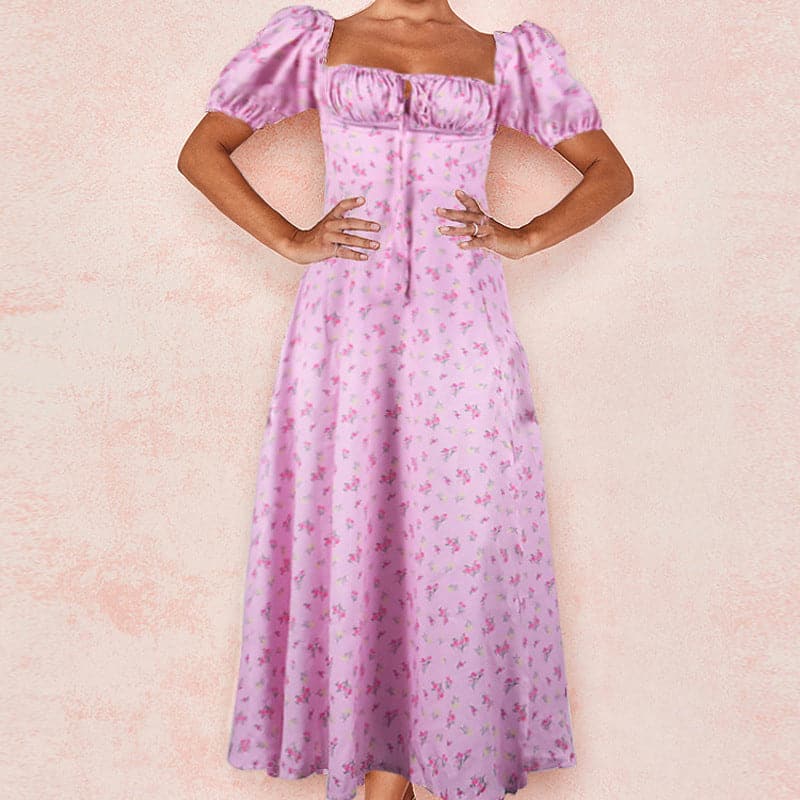 Square Neck Puff Sleeve Ruched Tie Front High Split Floral Maxi Dress - View 9