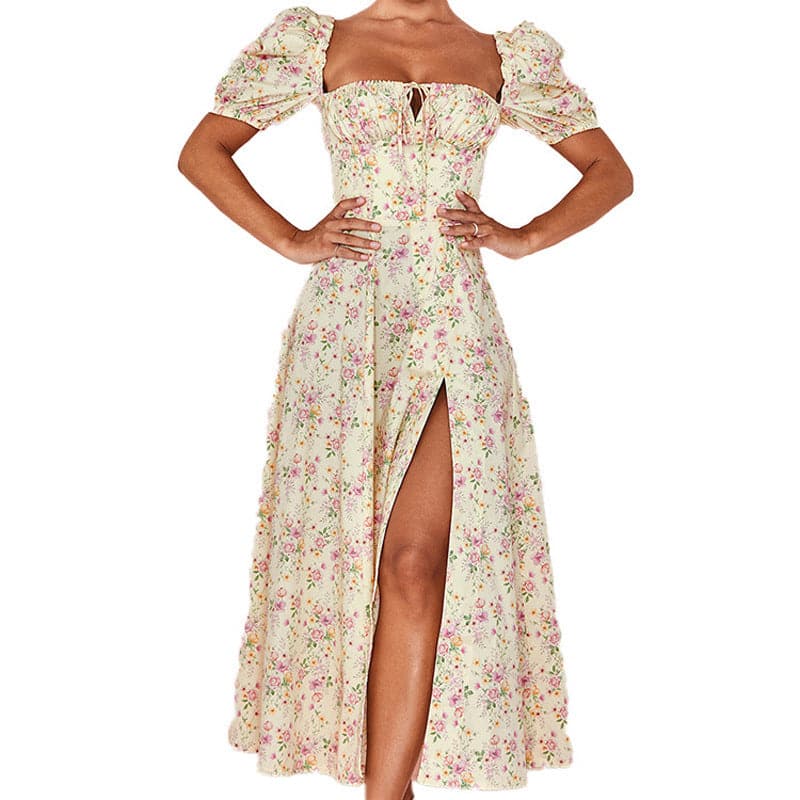 Square Neck Puff Sleeve Ruched Tie Front High Split Floral Maxi Dress