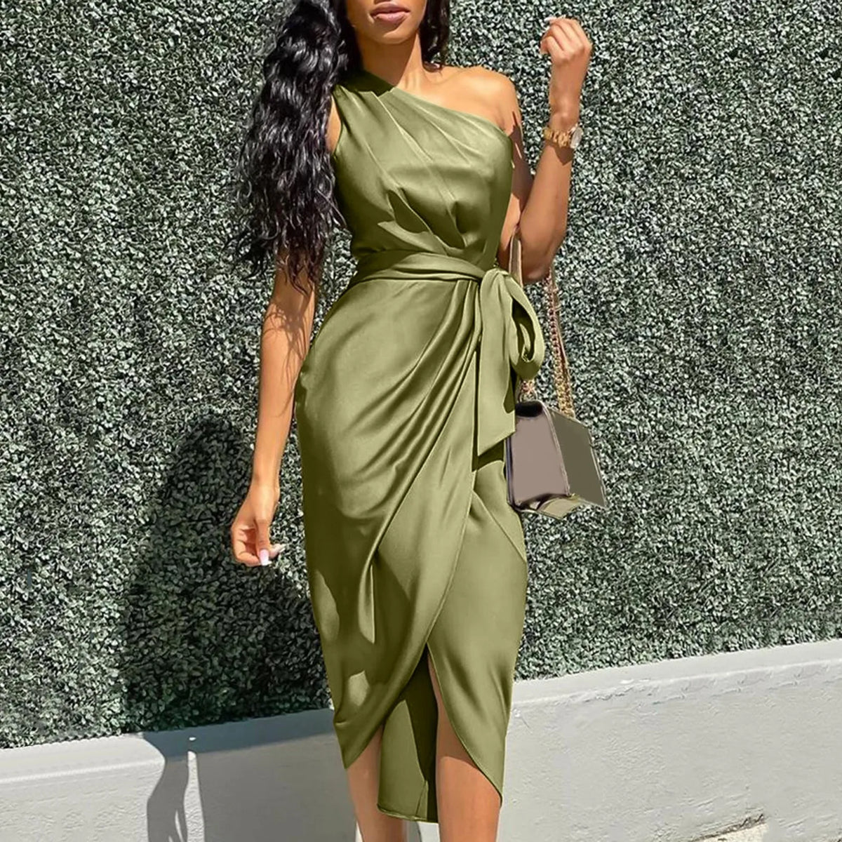 Satin One Shoulder Tie Waist Wrap Front Split Midi Dress