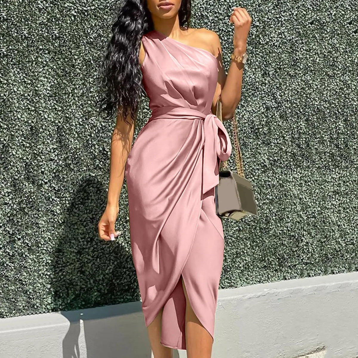 Satin One Shoulder Tie Waist Wrap Front Split Midi Dress 5