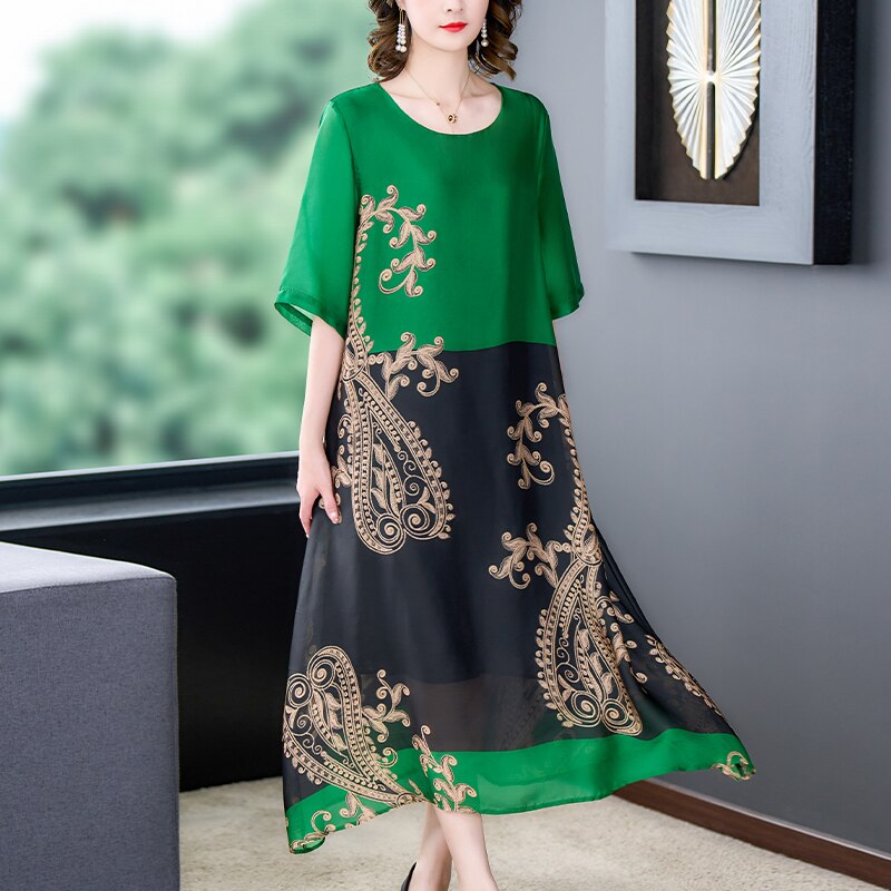 Paisley Print Round Neck Half Sleeve Color Block Panel Loose Midi Dress