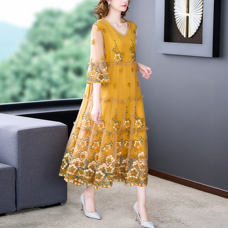 Mesh Overlay Floral Embroidery Tiered Bell Sleeve Scalloped Hem Midi Dress