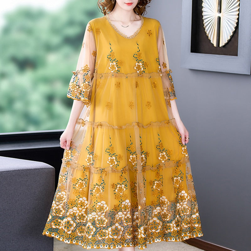 Mesh Overlay Floral Embroidery Tiered Bell Sleeve Scalloped Hem Midi Dress
