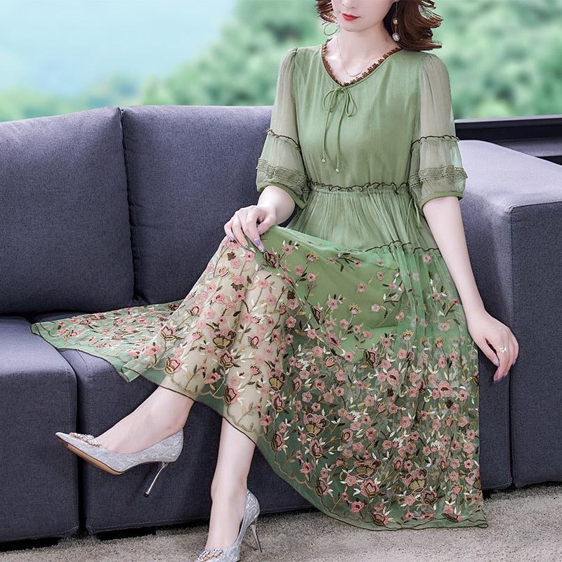 Floral Embroidery Round Neck Puff Sleeve Tiered A-Line Midi Dress