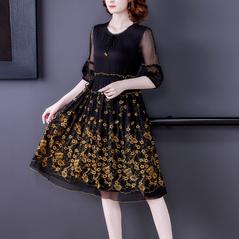 Floral Embroidery Round Neck Puff Sleeve Tiered A-Line Midi Dress