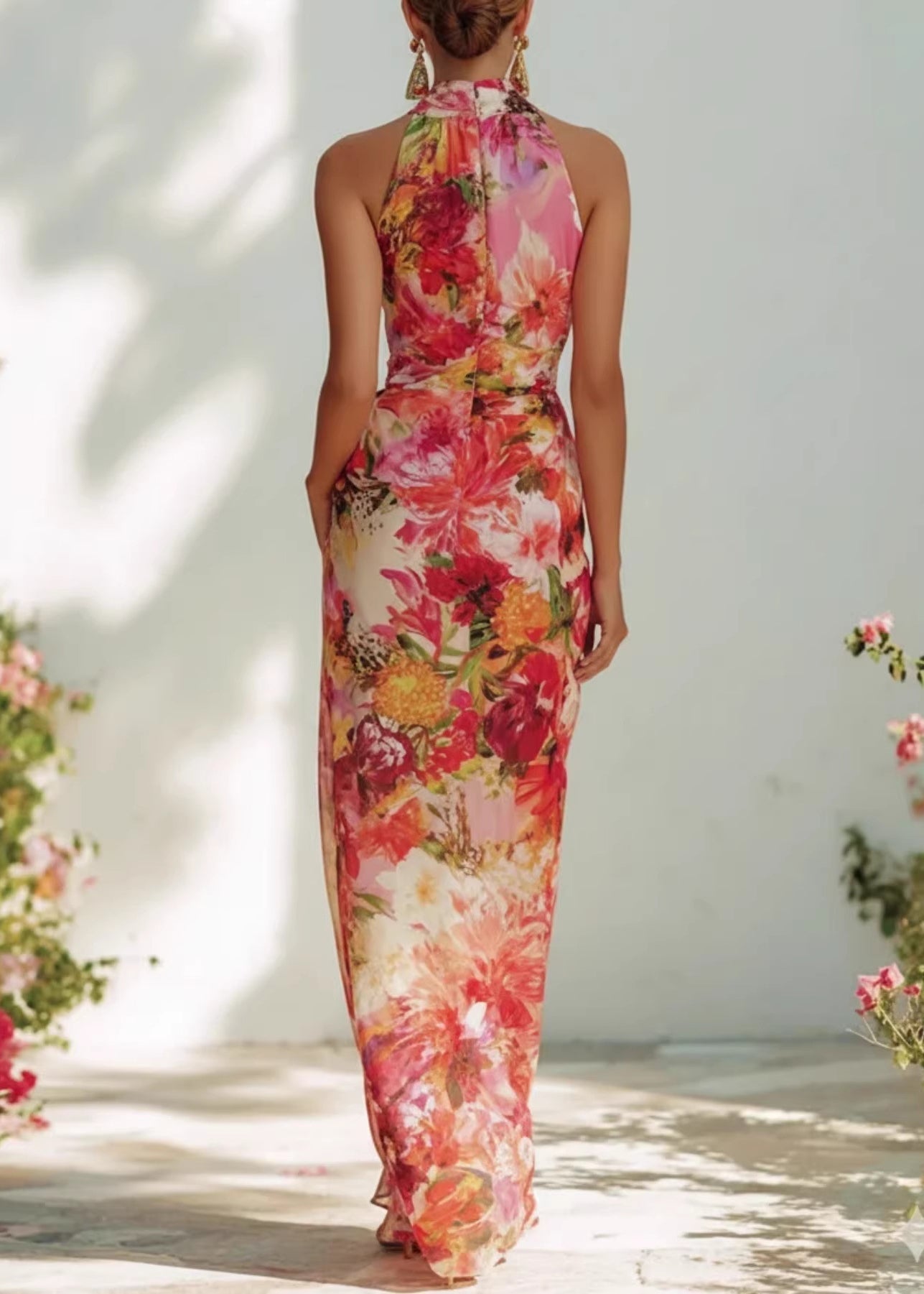 Chiffon Floral Print Halter Neck Sleeveless Draped Wrap Maxi Gown