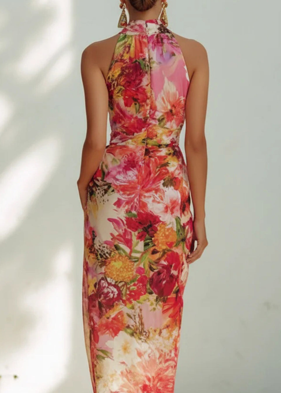 Chiffon Floral Print Halter Neck Sleeveless Draped Wrap Maxi Gown