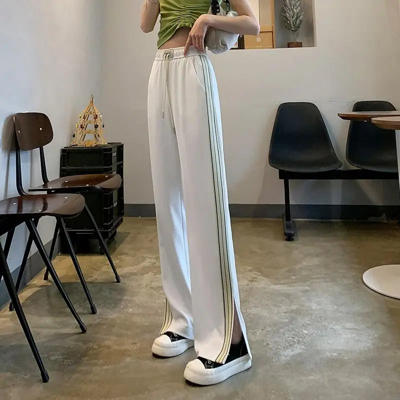 Triple Side Stripe Elastic Waist Loose Straight Leg Track Pants 4