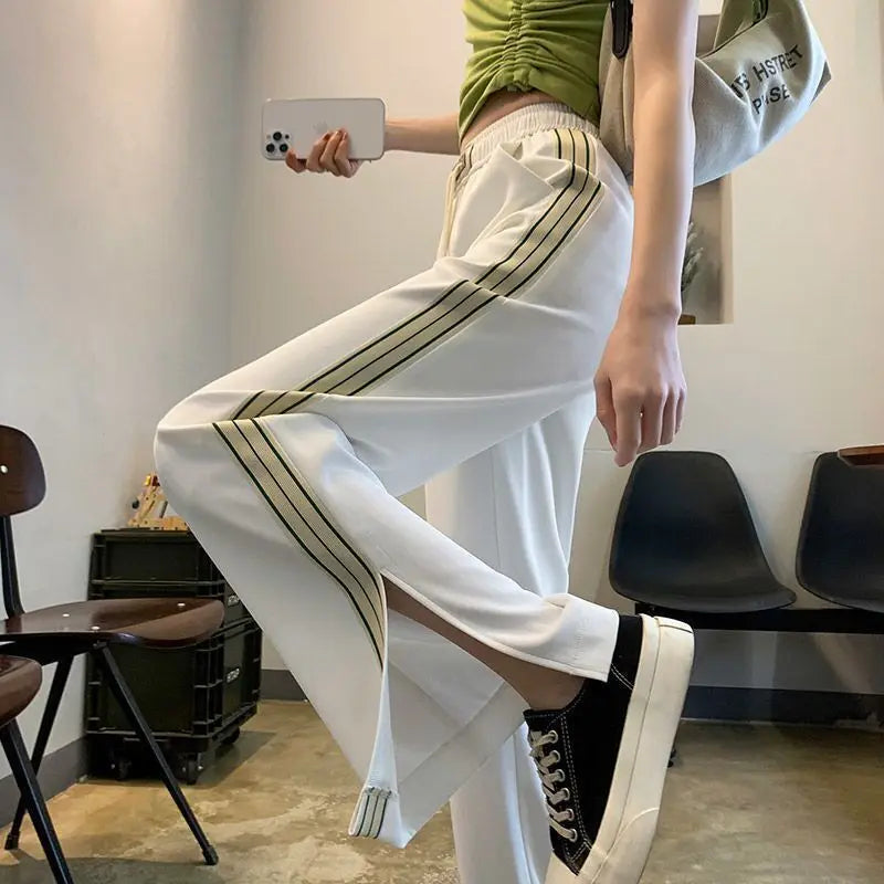 Triple Side Stripe Elastic Waist Loose Straight Leg Track Pants 2