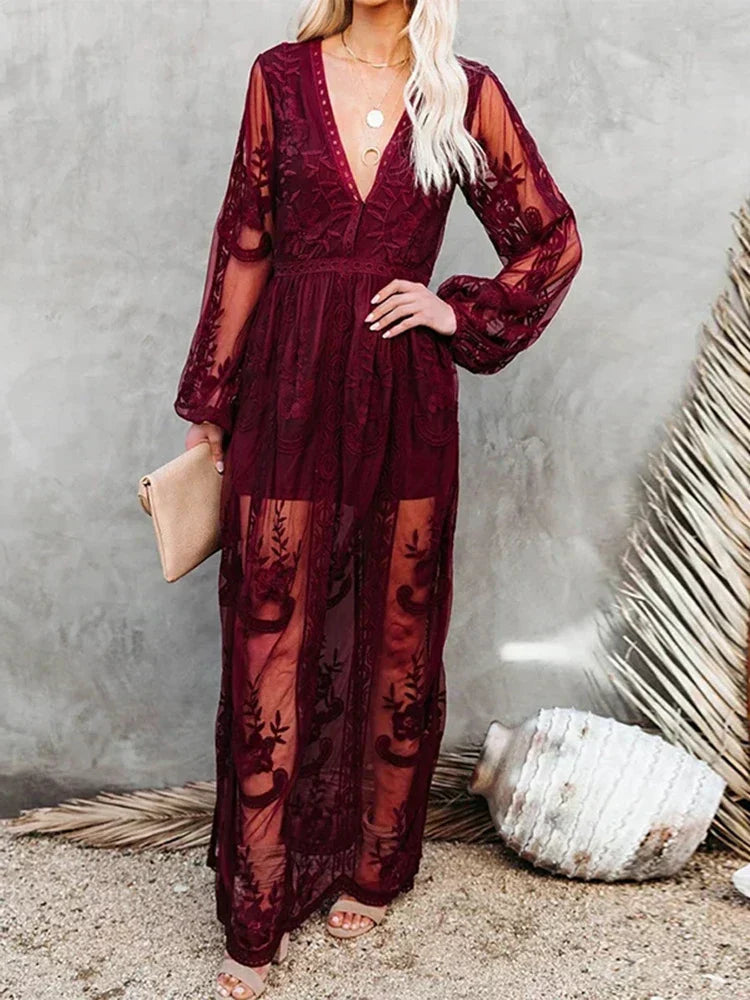 Lace Embroidered Deep V-Neck Long Sleeve Sheer Overlay Maxi Dress