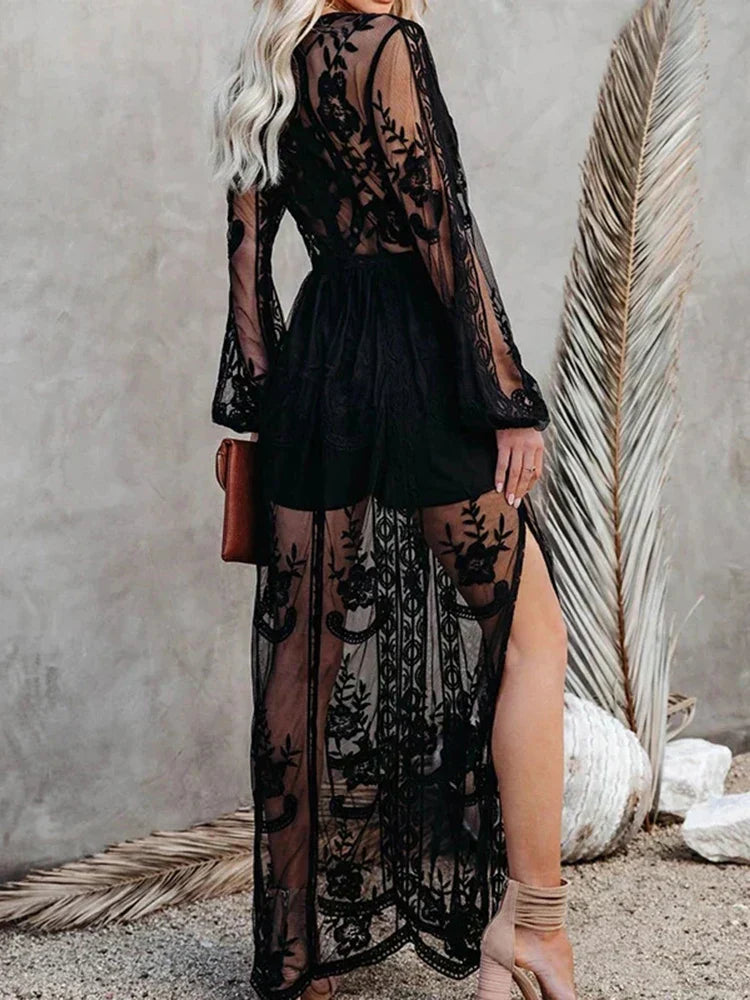 Lace Embroidered Deep V-Neck Long Sleeve Sheer Overlay Maxi Dress