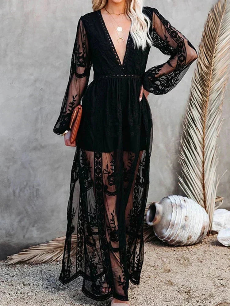 Lace Embroidered Deep V-Neck Long Sleeve Sheer Overlay Maxi Dress