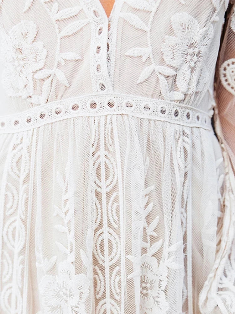 Lace Embroidered Deep V-Neck Long Sleeve Sheer Overlay Maxi Dress
