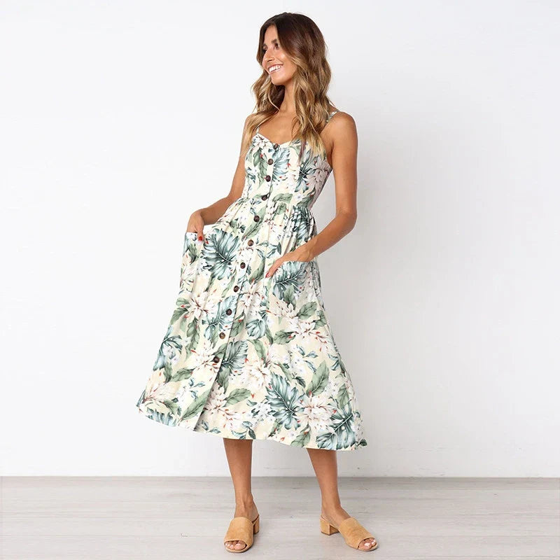 New Sexy Pocket Button Bohemia Retro Solid Women's Midi Dresses