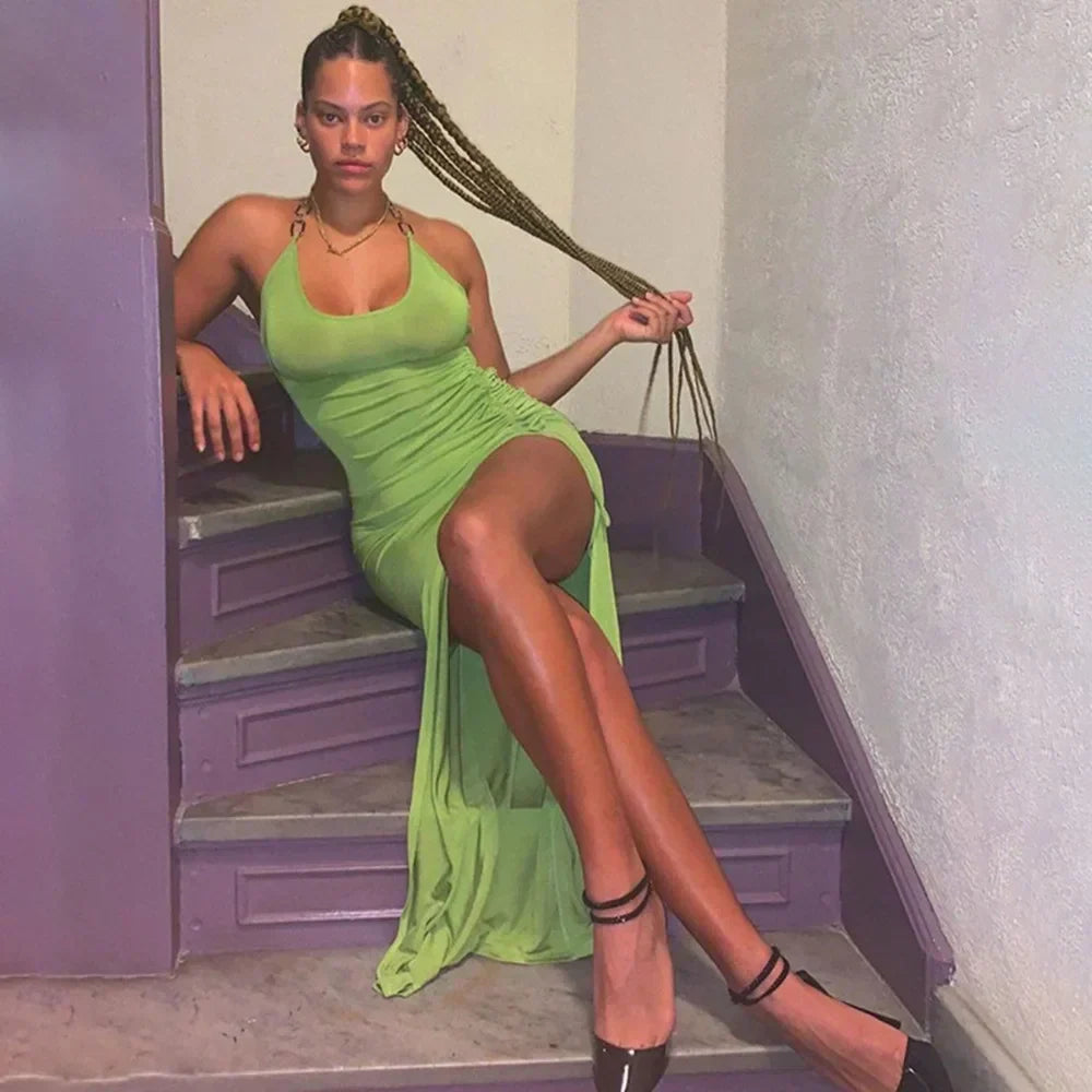 Backless Halter-Neck Ruched Midi Dress