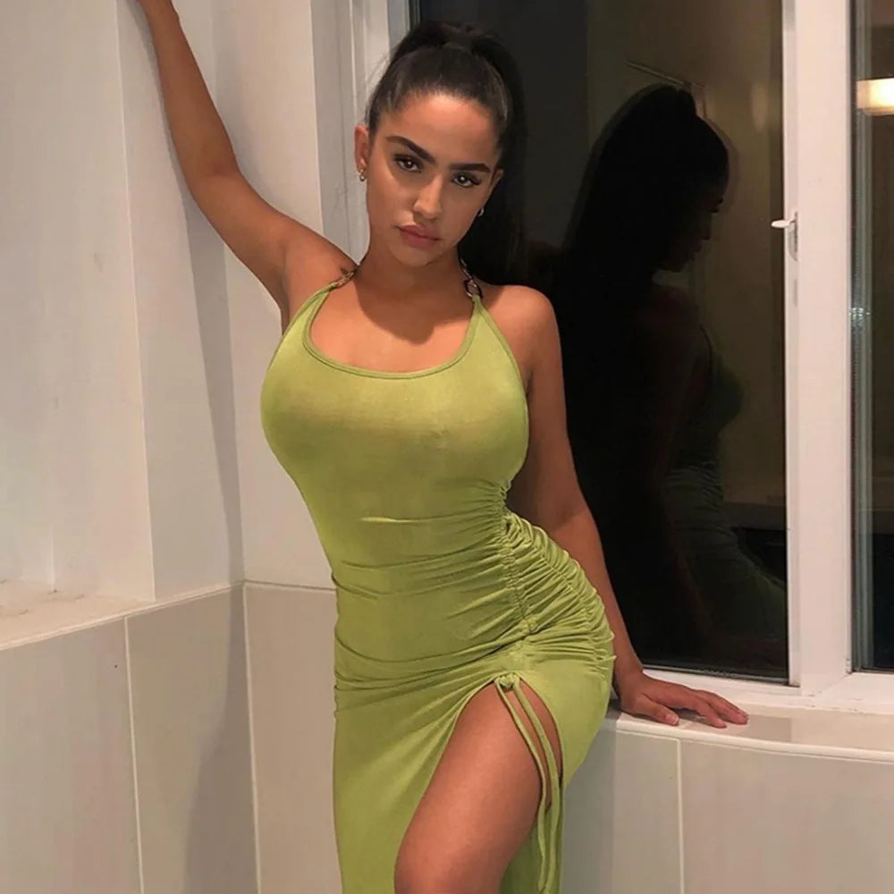 Halter Neck Drawstring Ruched Side Slit Bodycon Midi Dress 7