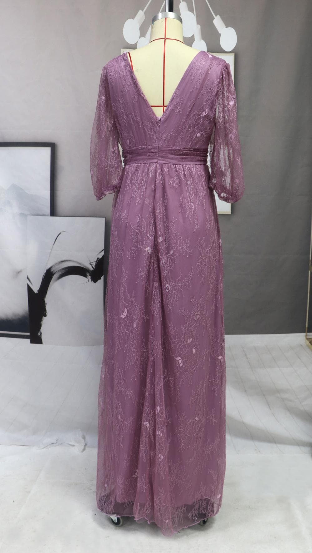 Embossed Floral Puff Sleeve V-Neck Ruched High Split Maxi Gown