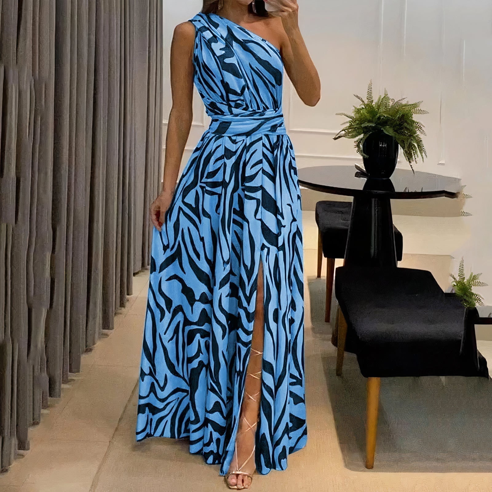 Zebra Print One Shoulder Wrap Sash Waist High Split A-Line Maxi Dress