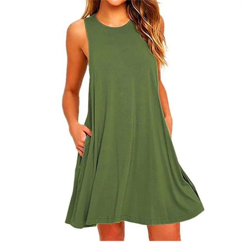 Women Sleeveless Ladies ONeck Club Beach ALine Mini Vestidos Midi Dresses