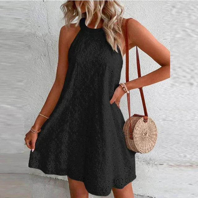 Halter Neck Sleeveless Eyelet Lace Scalloped Hem A-Line Mini Dress - View 4