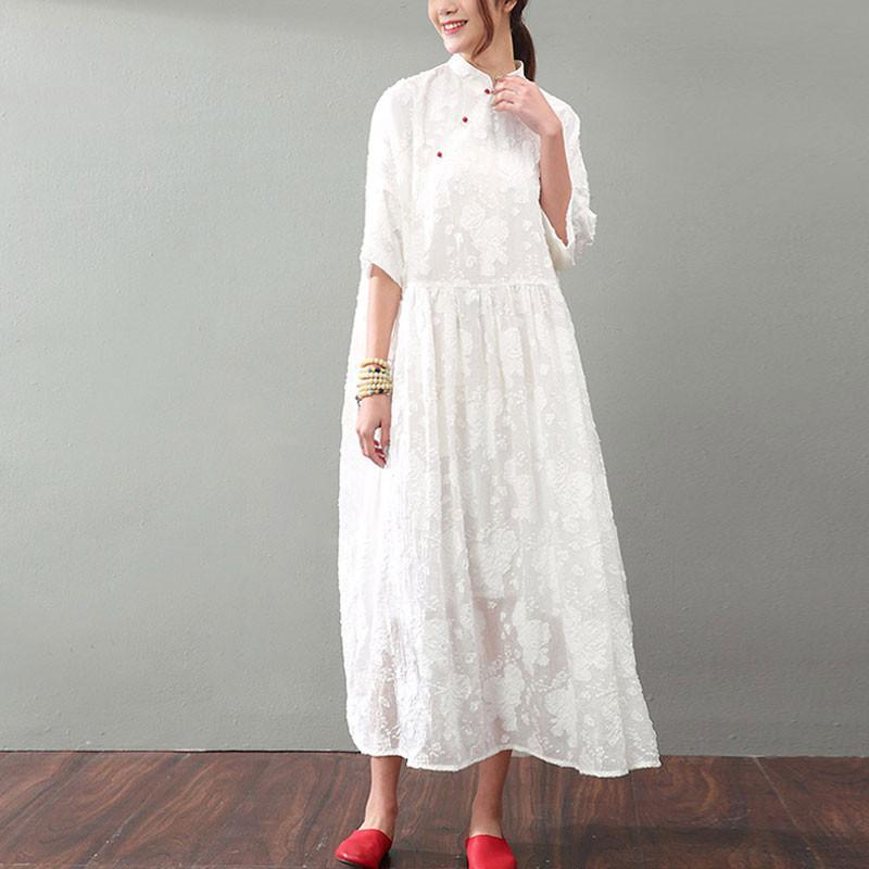 Floral Embroidered Mandarin Collar Button Front Half Maxi Dress - View 5