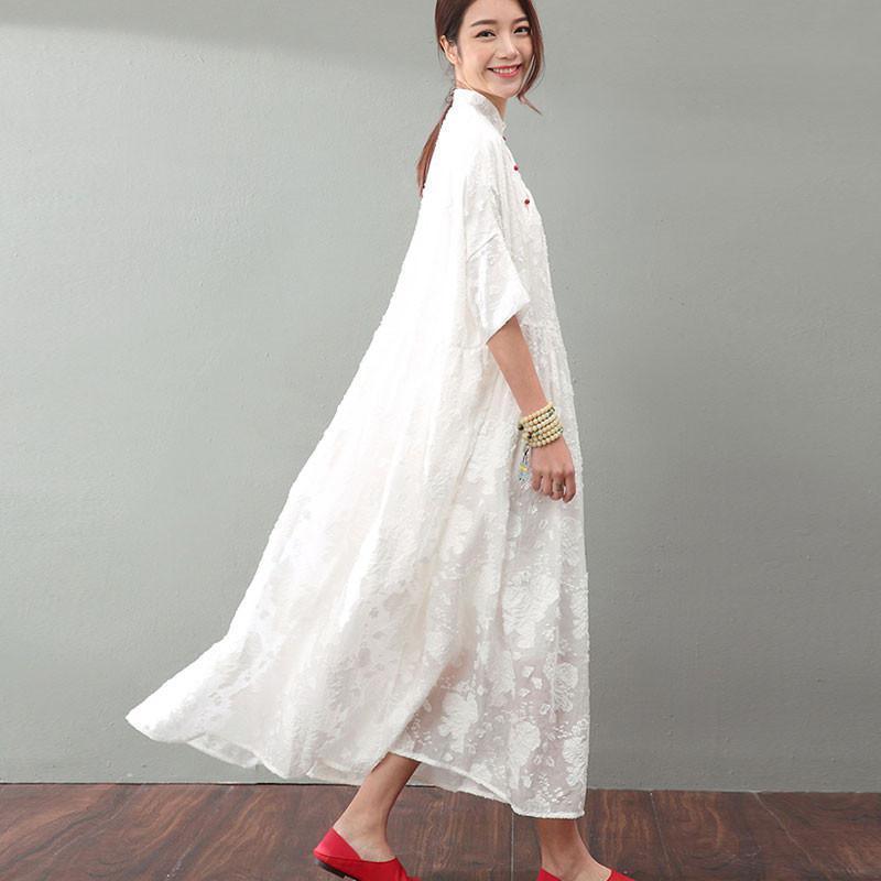 Floral Embroidered Mandarin Collar Button Front Half Sleeve Oversized Maxi Dress