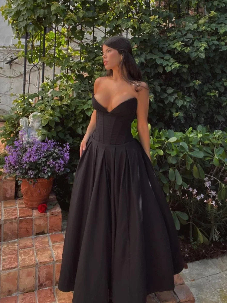 Corset Deep V-Neck Strapless A-Line Midi Dress
