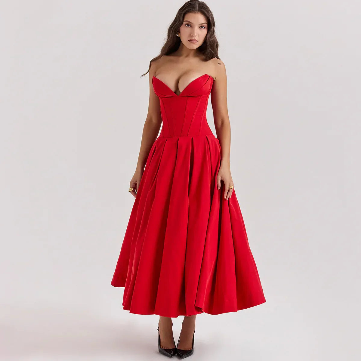 Corset Deep V-Neck Strapless A-Line Midi Dress