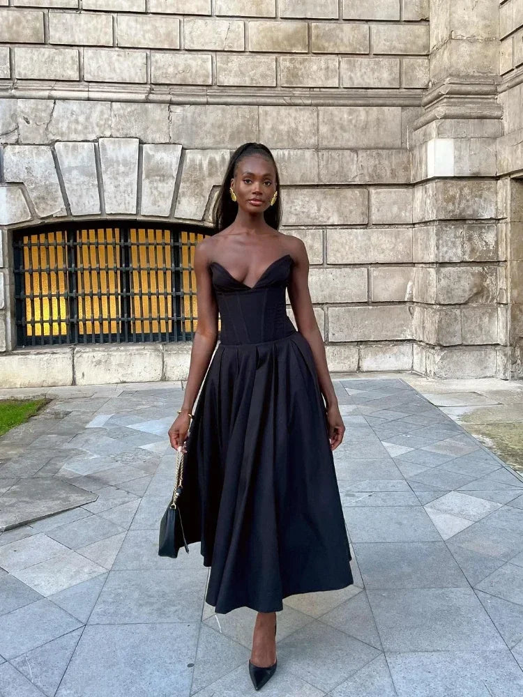 Corset Deep V-Neck Strapless A-Line Midi Dress