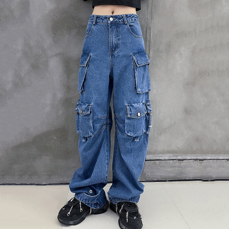 High Waist Multi Flap Pocket Baggy Wide Leg Cargo Jeans