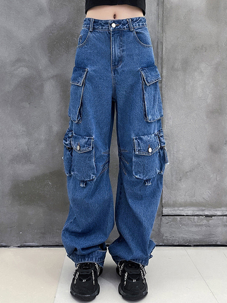 High Waist Multi Flap Pocket Baggy Wide Leg Cargo Jeans 5