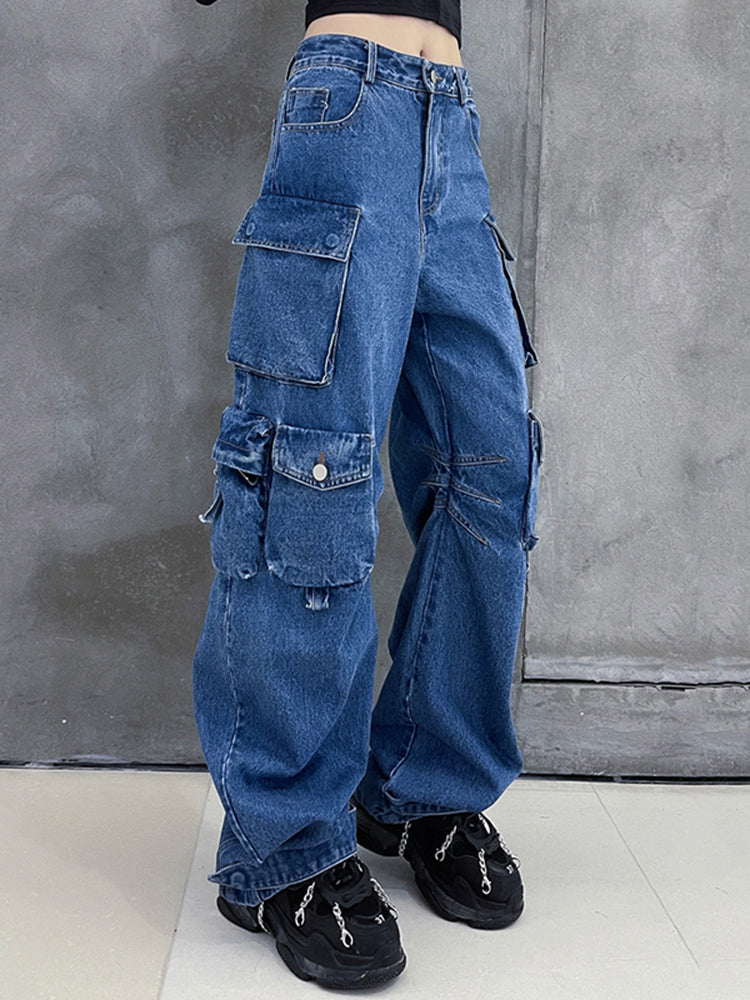 High Waist Multi Flap Pocket Baggy Wide Leg Cargo Jeans 2