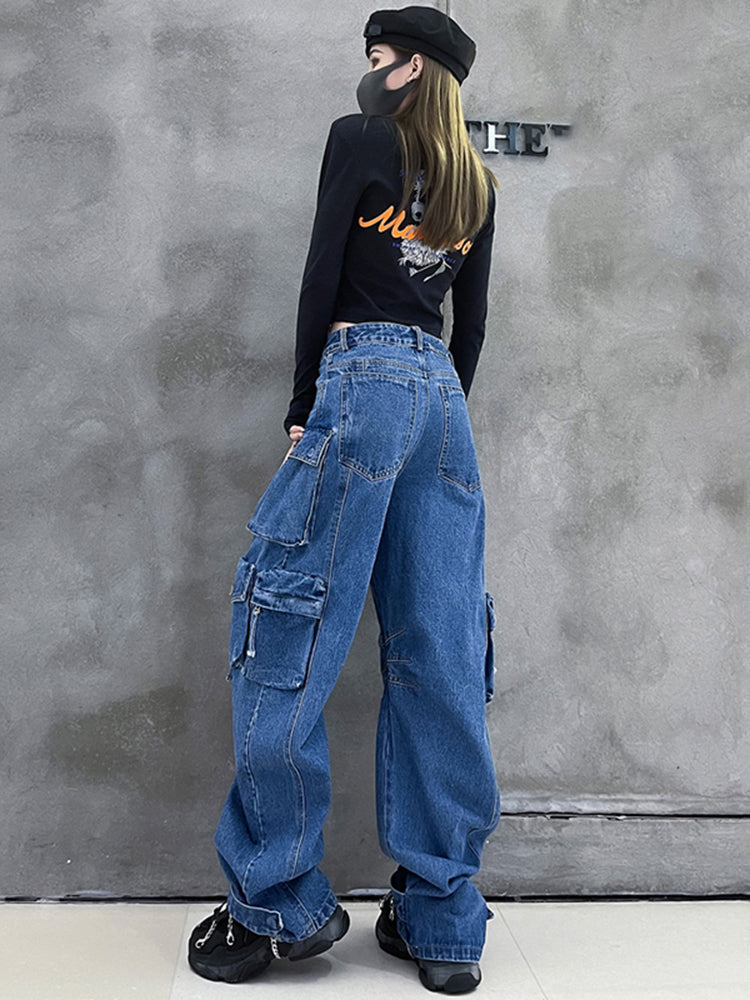 High Waist Multi Flap Pocket Baggy Wide Leg Cargo Jeans 3